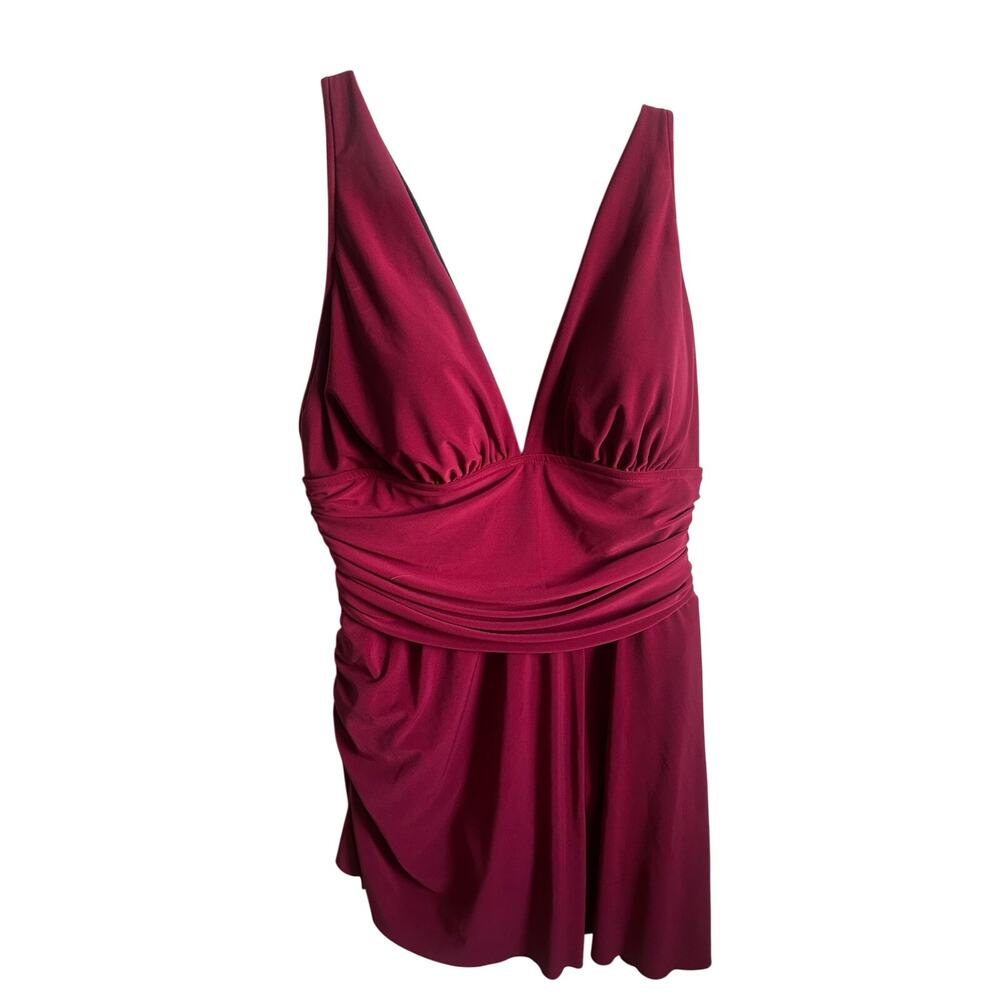 Magicsuit Burgundy Ruched V-Neck Swimdress One Piece Swimsuit Size 16